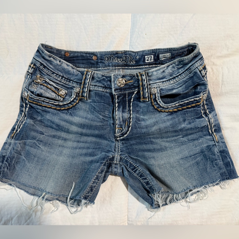 Miss Me Blue Jean Shorts with Embellished Pockets